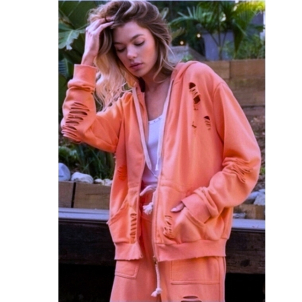 Pol Coral Distressed Zip Up Hooded Jacket Size Small (Runs Roomy)